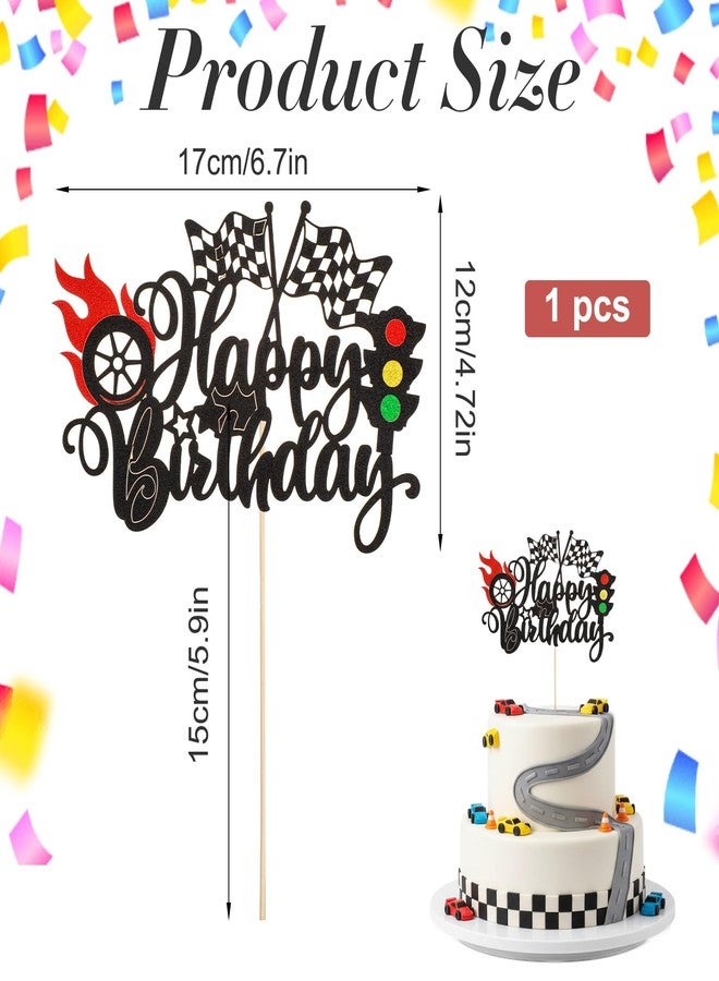 MBAIYO 1Pcs Race Car Happy Birthday Cake Topper, Glitter Traffic Light Trophy Flag Car Cake Topper Race Cars Checkered Flag Theme Decorations for Boys Girls Birthday Party - Image 3