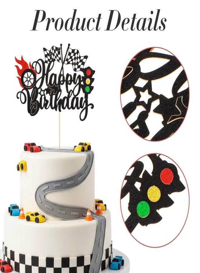 MBAIYO 1Pcs Race Car Happy Birthday Cake Topper, Glitter Traffic Light Trophy Flag Car Cake Topper Race Cars Checkered Flag Theme Decorations for Boys Girls Birthday Party - Image 4
