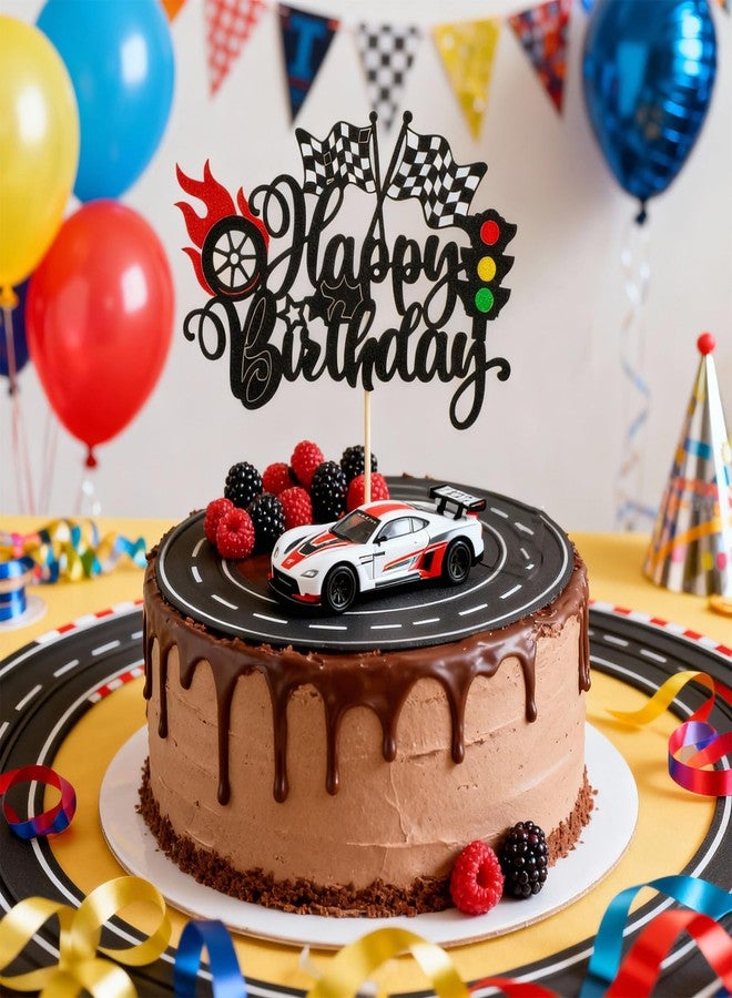 MBAIYO 1Pcs Race Car Happy Birthday Cake Topper, Glitter Traffic Light Trophy Flag Car Cake Topper Race Cars Checkered Flag Theme Decorations for Boys Girls Birthday Party - Image 2