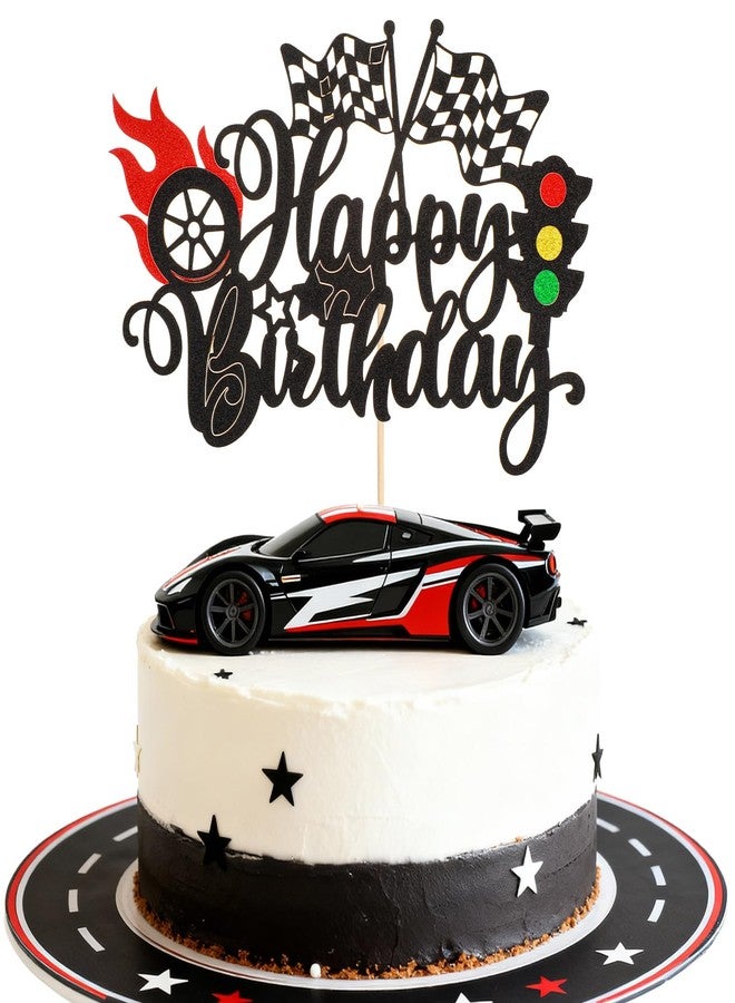 MBAIYO 1Pcs Race Car Happy Birthday Cake Topper, Glitter Traffic Light Trophy Flag Car Cake Topper Race Cars Checkered Flag Theme Decorations for Boys Girls Birthday Party - Image 1