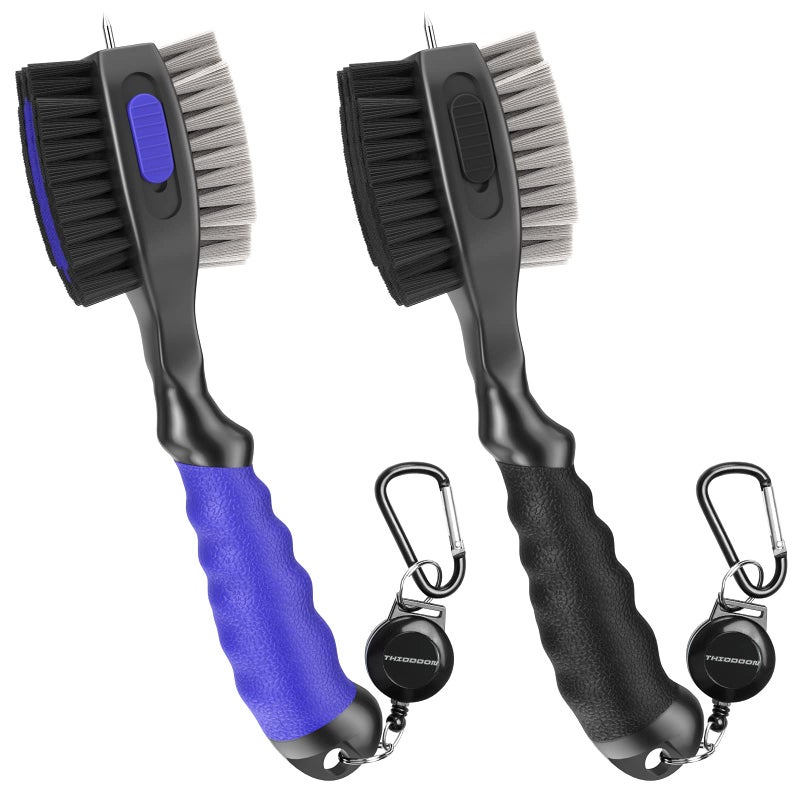 THIODOON 2 Pack Golf Club Brushes and Groove Cleaner 2 ft Retractable Zipline Carabiner Oversized Golf Brush Head with Retractable Spike Comfortable Grip Golf Club Cleaner - Image 1