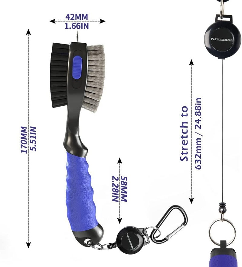 THIODOON 2 Pack Golf Club Brushes and Groove Cleaner 2 ft Retractable Zipline Carabiner Oversized Golf Brush Head with Retractable Spike Comfortable Grip Golf Club Cleaner - Image 2