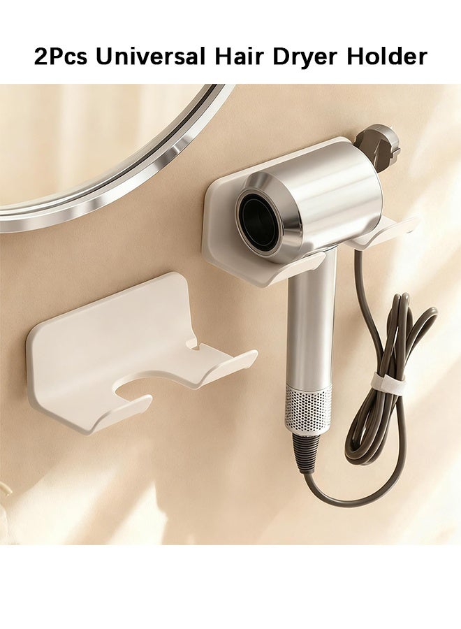 Wffo 2Pcs Universal Hair Dryer Holder, Self Adhesive Wall Mount Stand for Most Brand/Size Hair Blow Dryer Hair Dryer Organizer Rack with Plug&Wire Hook for Bathroom - White - Image 1