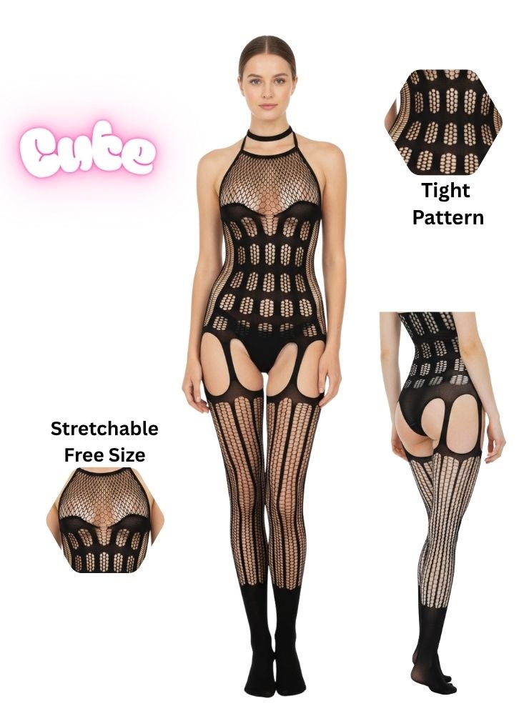 Cute Tight Pattern Fishnet Bodystocking – Stretchable Free Size One-Piece Lingerie - Image 1