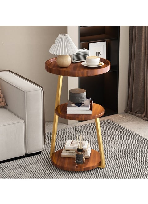 3-Tier Walnut Grain Round Modern Side Table Metal Frame Side Table Corner Sofa Table Bedside Table for Living Room Bedroom Balcony