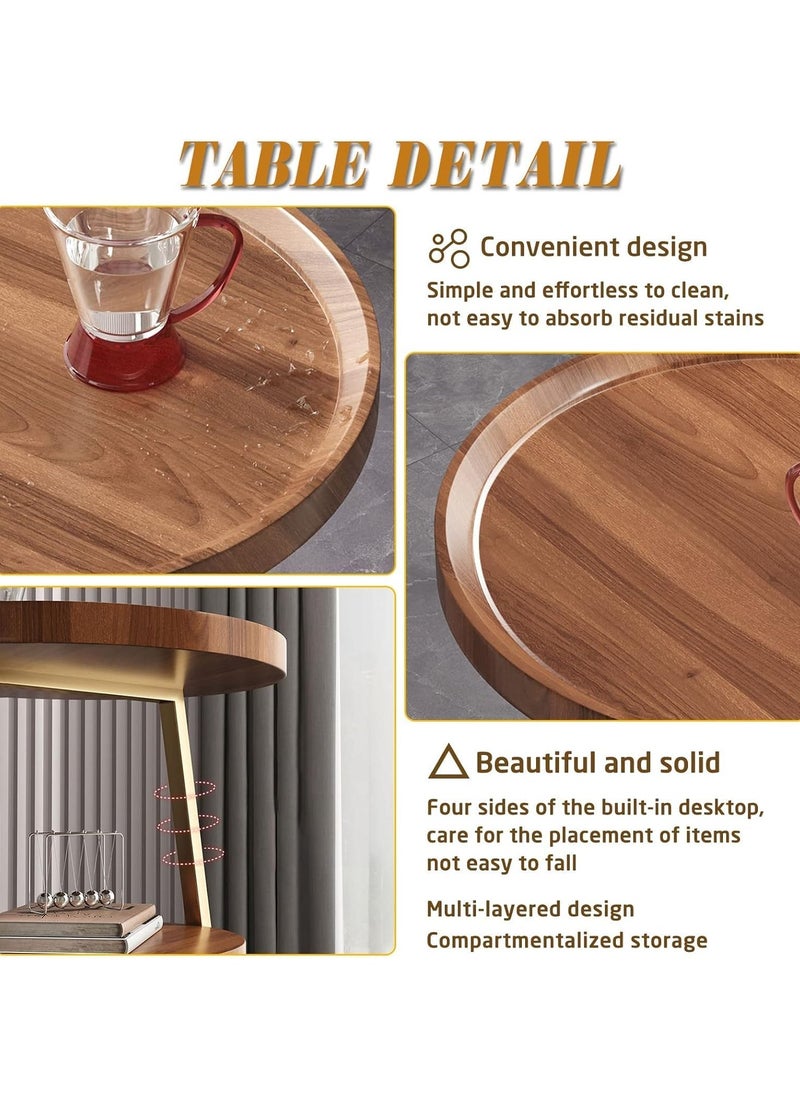 3-Tier Walnut Grain Round Modern Side Table Metal Frame Side Table Corner Sofa Table Bedside Table for Living Room Bedroom Balcony