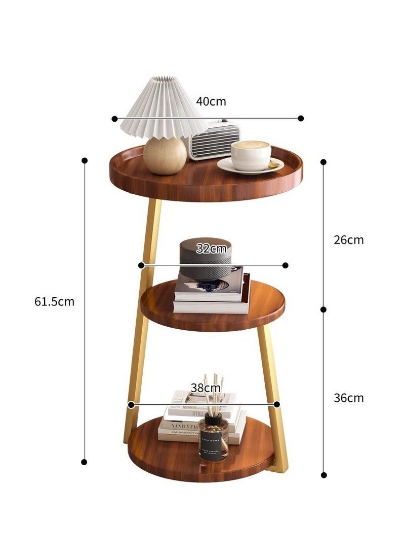 3-Tier Walnut Grain Round Modern Side Table Metal Frame Side Table Corner Sofa Table Bedside Table for Living Room Bedroom Balcony