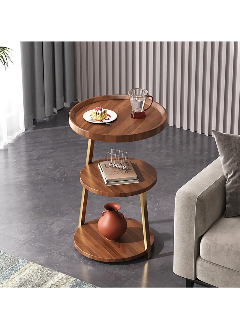 3-Tier Walnut Grain Round Modern Side Table Metal Frame Side Table Corner Sofa Table Bedside Table for Living Room Bedroom Balcony