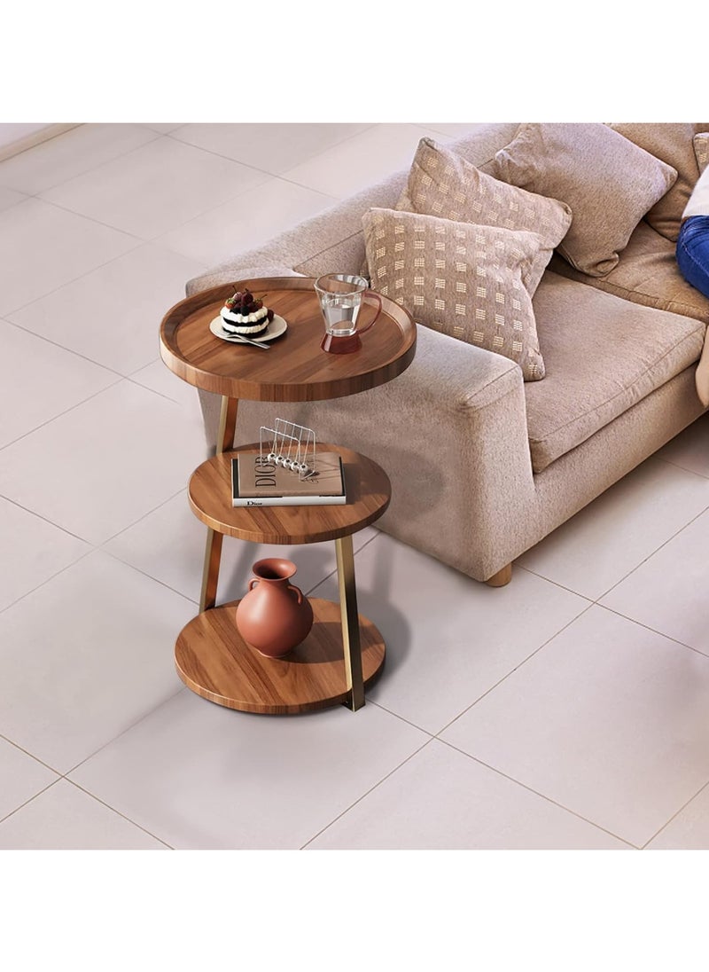 3-Tier Walnut Grain Round Modern Side Table Metal Frame Side Table Corner Sofa Table Bedside Table for Living Room Bedroom Balcony