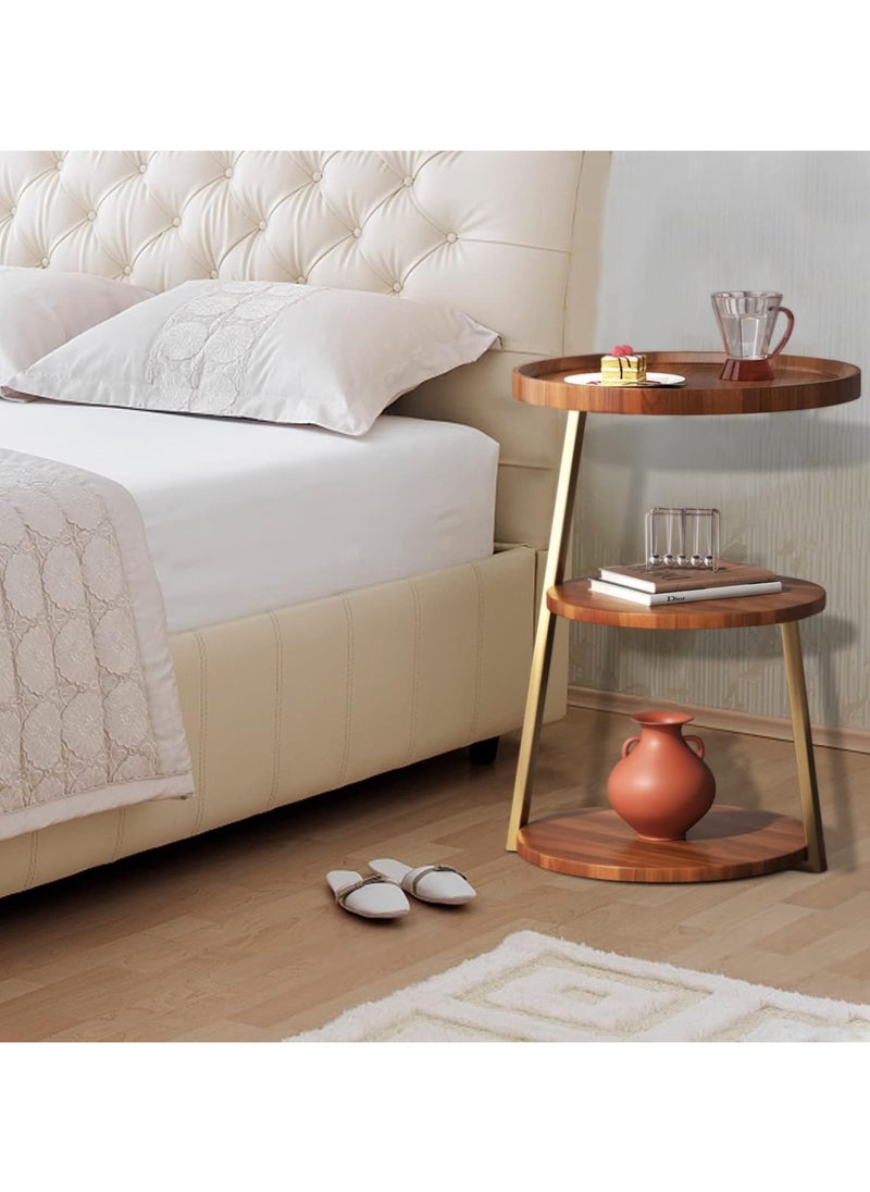 3-Tier Walnut Grain Round Modern Side Table Metal Frame Side Table Corner Sofa Table Bedside Table for Living Room Bedroom Balcony