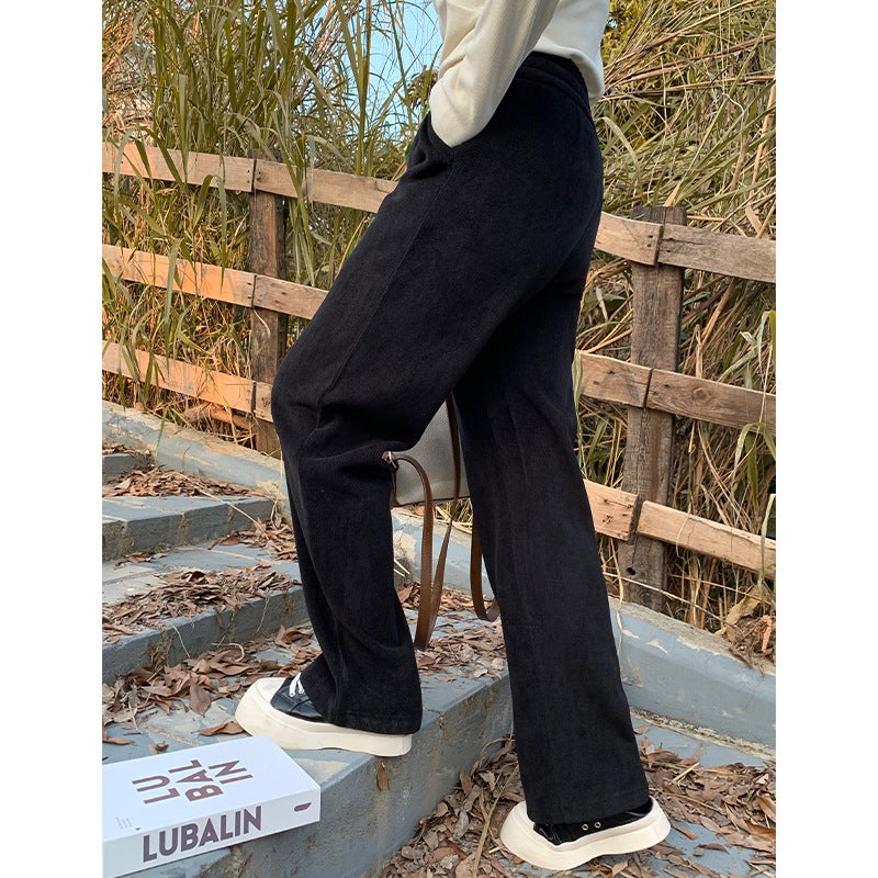 Winter Velvet Thick Wide Leg Pants Plus Size Women Black  - Image 4