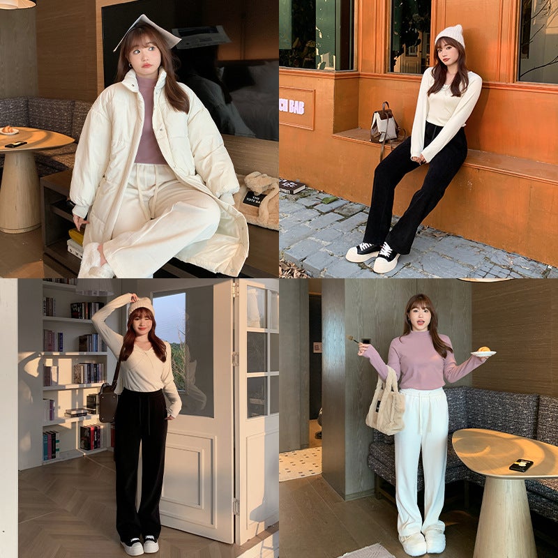 Winter Velvet Thick Wide Leg Pants Plus Size Women Black  - Image 3