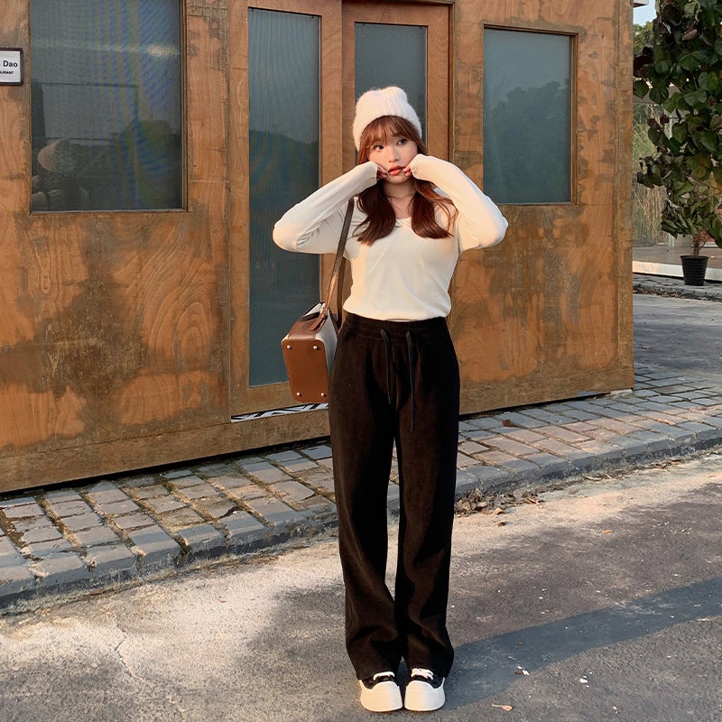 Winter Velvet Thick Wide Leg Pants Plus Size Women Black  - Image 5