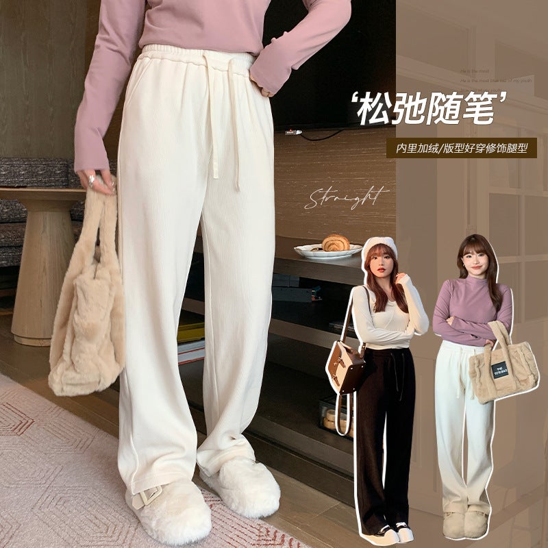 Winter Velvet Thick Wide Leg Pants Plus Size Women Black  - Image 2