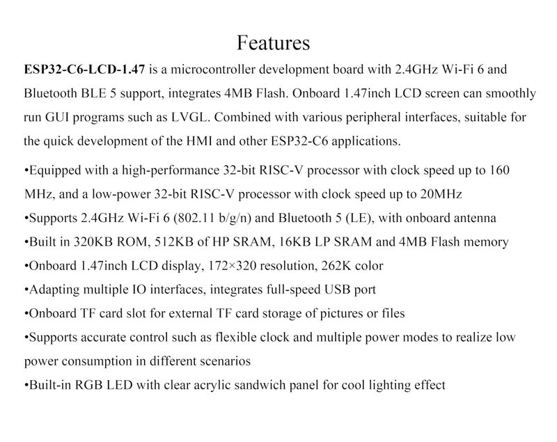 Wonrabai لوحة تطوير عرض ESP32-C6 بحجم 1.47 بوصة، 172×320، 262K لون، معالج أحادي النواة بتردد تشغيل 160 ميجاهرتز، مع LED RGB ملون، ESP32 مع عرض يدعم W-i-F-i 6 و BLE - Image 3