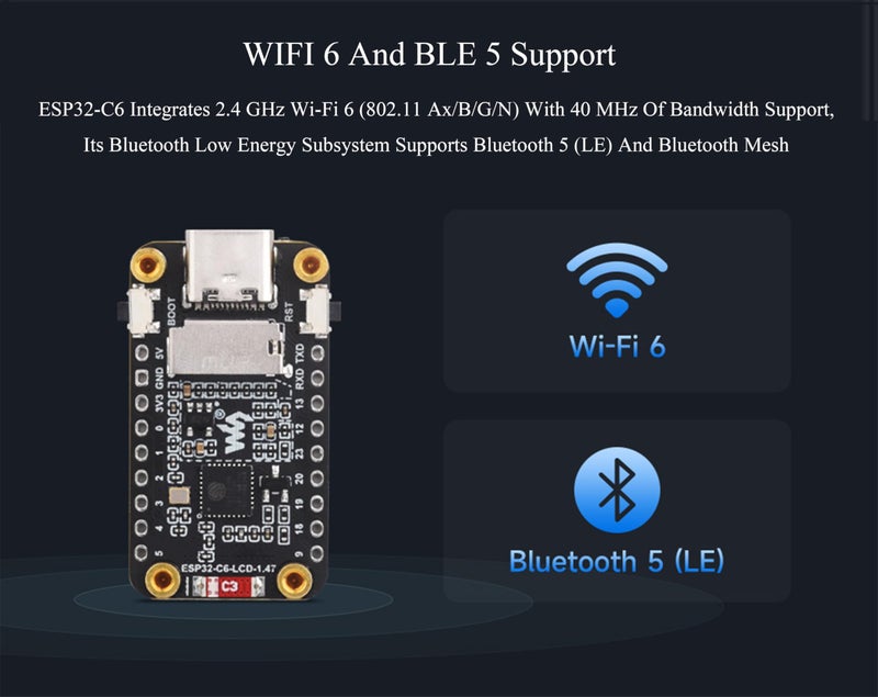 Wonrabai لوحة تطوير عرض ESP32-C6 بحجم 1.47 بوصة، 172×320، 262K لون، معالج أحادي النواة بتردد تشغيل 160 ميجاهرتز، مع LED RGB ملون، ESP32 مع عرض يدعم W-i-F-i 6 و BLE - Image 5