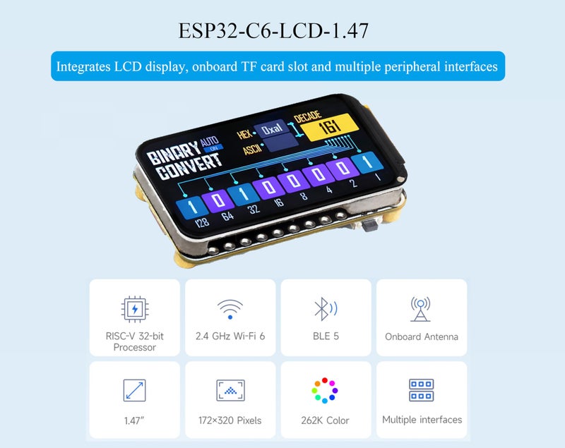 Wonrabai لوحة تطوير عرض ESP32-C6 بحجم 1.47 بوصة، 172×320، 262K لون، معالج أحادي النواة بتردد تشغيل 160 ميجاهرتز، مع LED RGB ملون، ESP32 مع عرض يدعم W-i-F-i 6 و BLE - Image 2