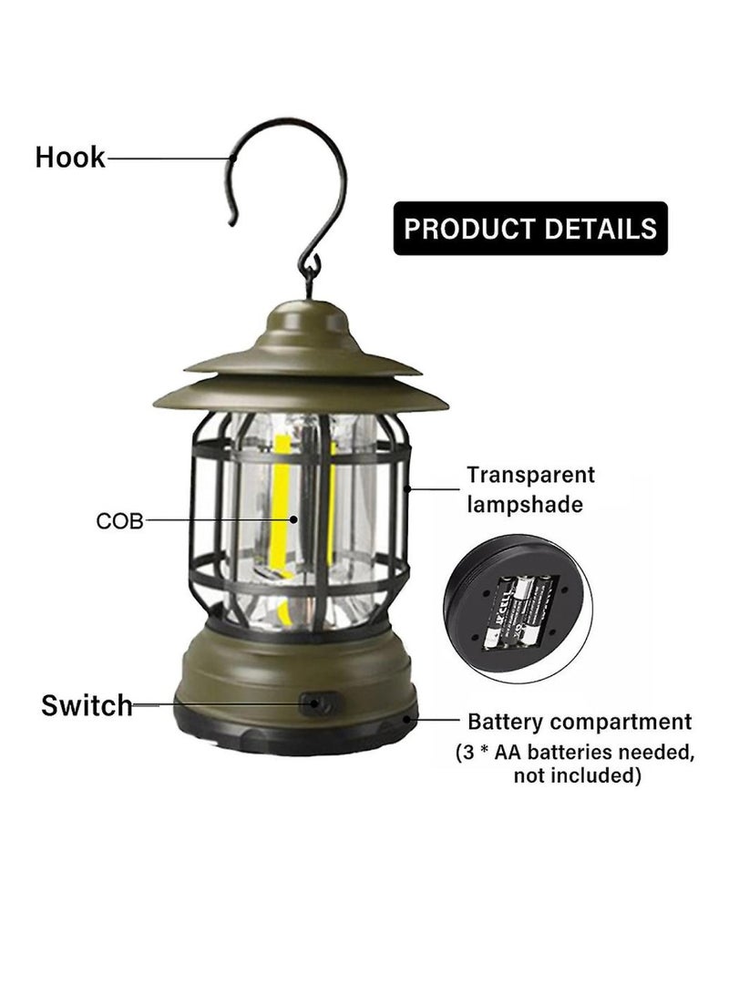 Yuwell Portable Camping Lantern 2 Brightness Mode 360° Lighting Waterproof Hanging LED Tent Light For Outdoor Hiking Travelling And Adventure Retro Lamp With 3 Pcs AA Batteries Green/Black - Image 3