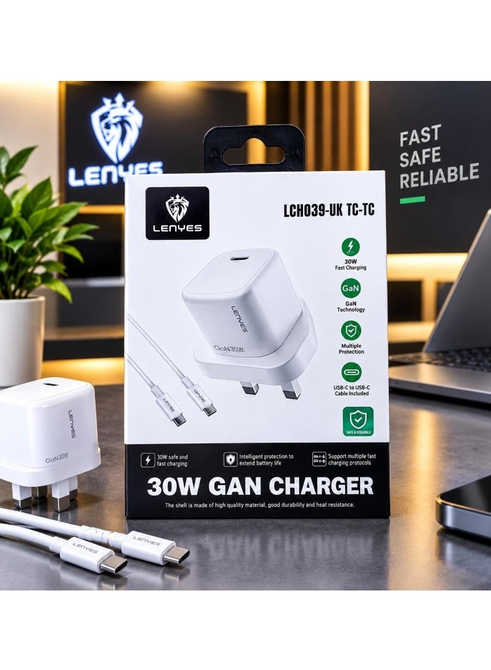 LENVES 30W GaN Fast Charger with USB-C Cable, UK Plug