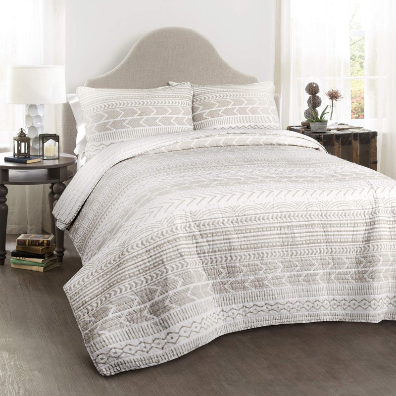 Lush Decor Hygge Geo Pattern Striped 3 Piece Quilt Bedding Set King Taupe  White