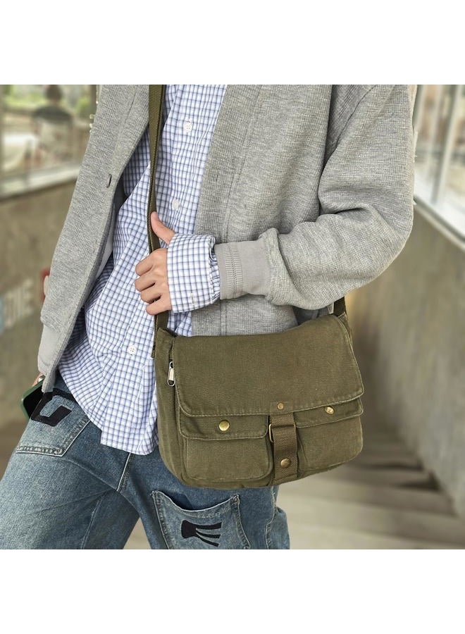 AFGWK School Vintage Canvas Messenger Bag for Men Crossbody Shoulder Bag Satchel Handbags, Green, Small - Image 2