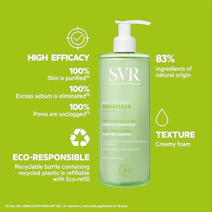 SVR Sebiaclear Face & Body Cleanser with Salicylic Acid for Sensitive Oily to Combination Skin. Soap-free Wash that Eliminates Impurities & Excess Sebum Without Drying the Skin, 13.5 fl.oz - Image 4