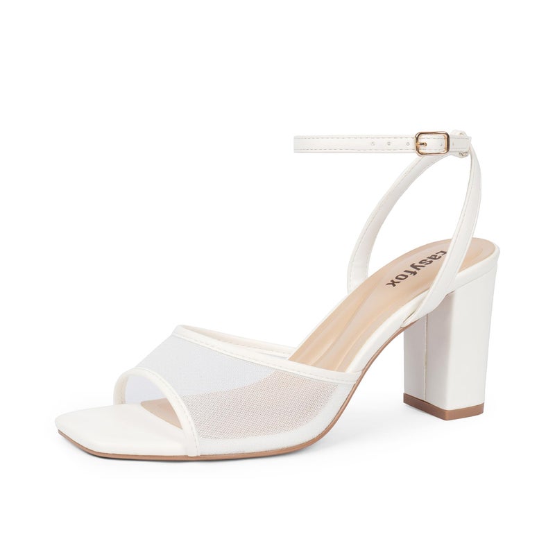 Easyfox White Heeled Sandals for Women Open Toe White Mesh Heels Chunky Heel 3 Inch Womens Sandals Dress Wedding Block Strappy High Heel Size 11 - Image 1