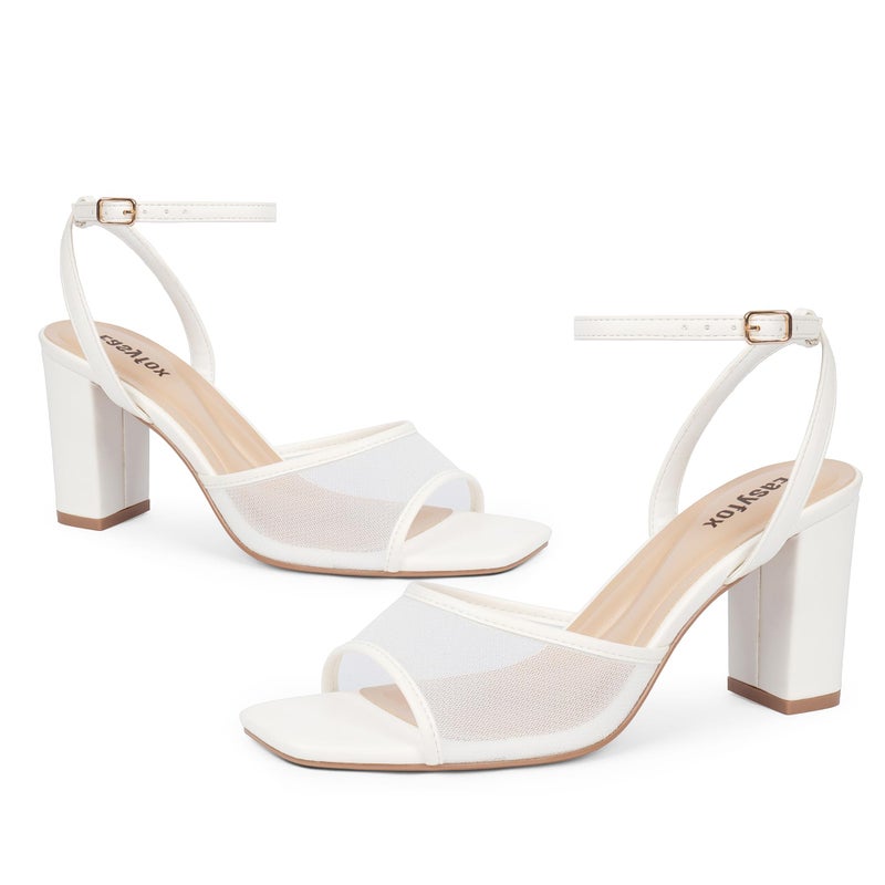 Easyfox White Heeled Sandals for Women Open Toe White Mesh Heels Chunky Heel 3 Inch Womens Sandals Dress Wedding Block Strappy High Heel Size 11 - Image 5