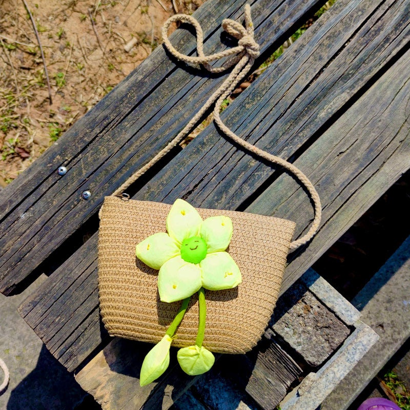 Little Girls Summer Woven Straw Bag Cute Childrens Mobile Phone Bag 2023 New Style Girls Crossbody Bag Coffee Smiley Green Lotus 