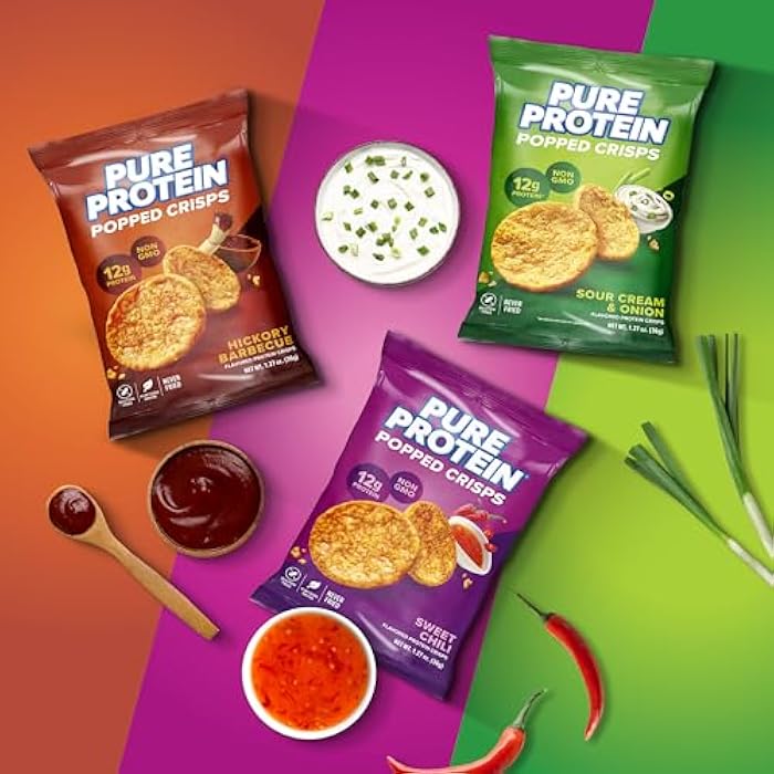 Pure Protein Popped Crisps - Variety Pack: Hickory Barbecue, Sour Cream & Onion, Sweet Chili - 12g Plant Based Protein, Gluten Free, Non GMO, Vegan, Air Popped & Puffed Crisps – Healthy Protein Snacks – 12 Pack - Image 4