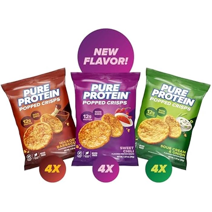 Pure Protein Popped Crisps - Variety Pack: Hickory Barbecue, Sour Cream & Onion, Sweet Chili - 12g Plant Based Protein, Gluten Free, Non GMO, Vegan, Air Popped & Puffed Crisps – Healthy Protein Snacks – 12 Pack - Image 1