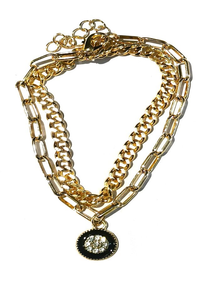 LA BELLEZA Adjustable Gold Plated Hanging Charm Flower/Floral 2 Chain Linked Bracelet for Girls and Women (Golden Rhinestone Charm Bracelet) - Image 1