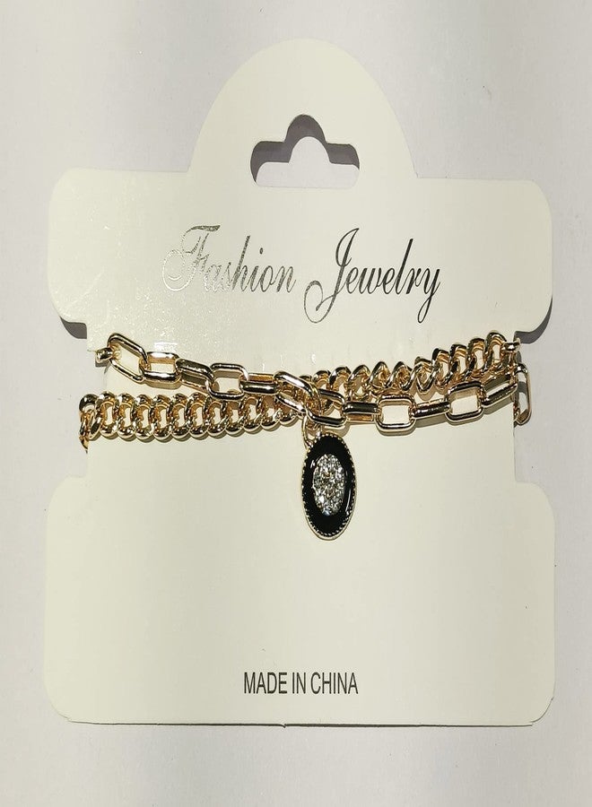 LA BELLEZA Adjustable Gold Plated Hanging Charm Flower/Floral 2 Chain Linked Bracelet for Girls and Women (Golden Rhinestone Charm Bracelet) - Image 4