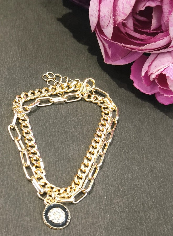 LA BELLEZA Adjustable Gold Plated Hanging Charm Flower/Floral 2 Chain Linked Bracelet for Girls and Women (Golden Rhinestone Charm Bracelet) - Image 3