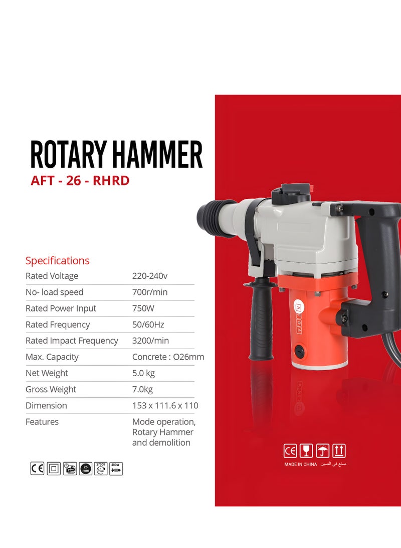 AFRA Electric Rotary Hammer, 26MM, 750W, 3200/Min Rated Impact, Concrete: 26mm Max Capacity, Hammer & Demolition, AFT-26-750RHRD, 1-Year Warranty - Image 2