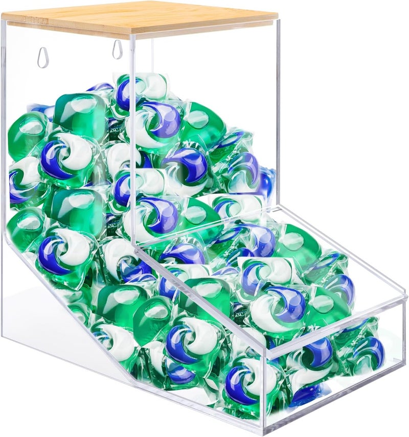 JYPS Laundry Pods Container, Acrylic Dishwasher Pods Holder w/ 2 Lids, Dispenser For Powder, Dryer Balls, Beads, Soap Organizer For Room Desktop / Wall Mount, Snack Candy Organization Storage - Image 1