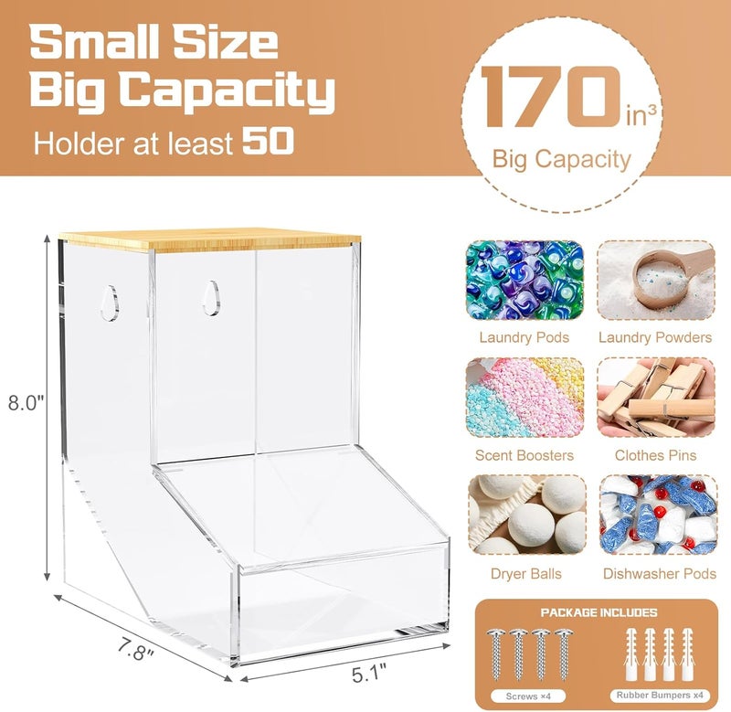JYPS Laundry Pods Container, Acrylic Dishwasher Pods Holder w/ 2 Lids, Dispenser For Powder, Dryer Balls, Beads, Soap Organizer For Room Desktop / Wall Mount, Snack Candy Organization Storage - Image 2