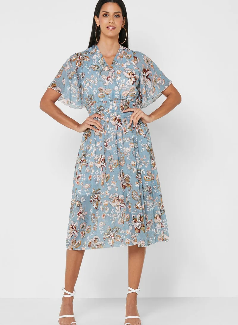 ELLA Gathered Waist Frill Sleeve 
Printed Dress