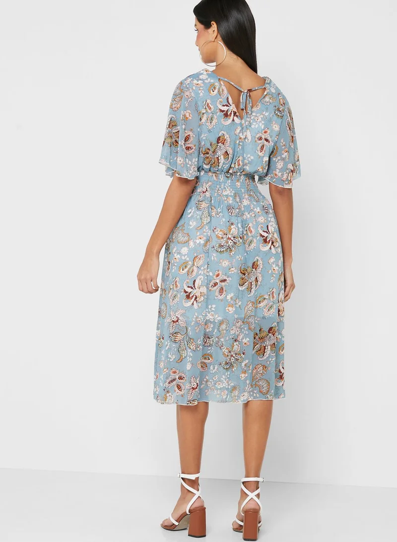 ELLA Gathered Waist Frill Sleeve 
Printed Dress
