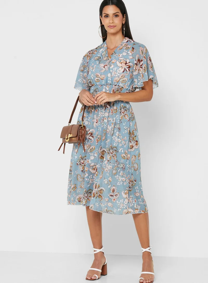ELLA Gathered Waist Frill Sleeve 
Printed Dress