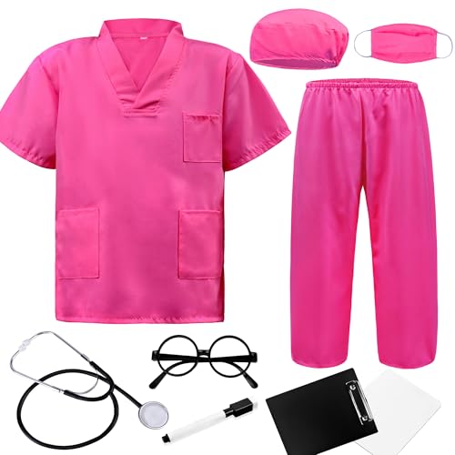 ZZIHAN Kids Doctor Costume Rose Medical Scrubs Outfit with Stethoscope Mask Cap Glassesfor Halloween Career Day Pretend Play Nurse Dentist Vet DressUp for Toddler Boys Girls 34T - Image 1