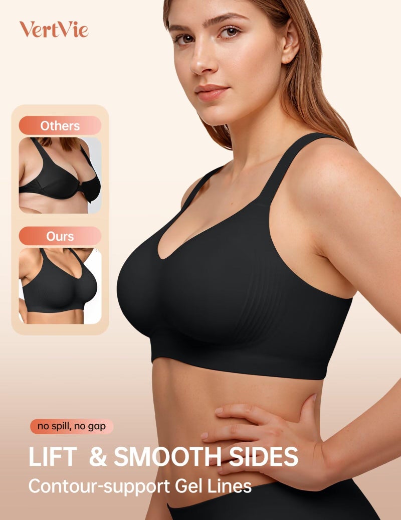 Vertvie Bras for Women No Underwire Wireless Push Up Seamless Full Coverage Comfort Sports Everyday Bra Regular & Plus Size(Black,Medium) - Image 3