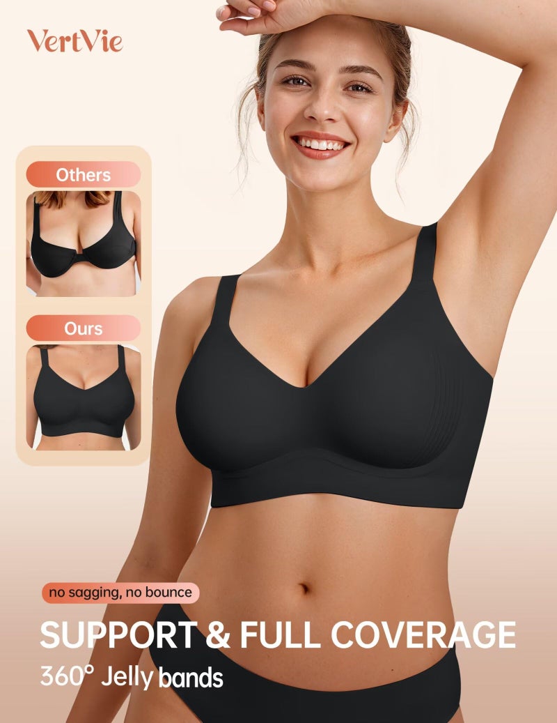Vertvie Bras for Women No Underwire Wireless Push Up Seamless Full Coverage Comfort Sports Everyday Bra Regular & Plus Size(Black,Medium) - Image 2