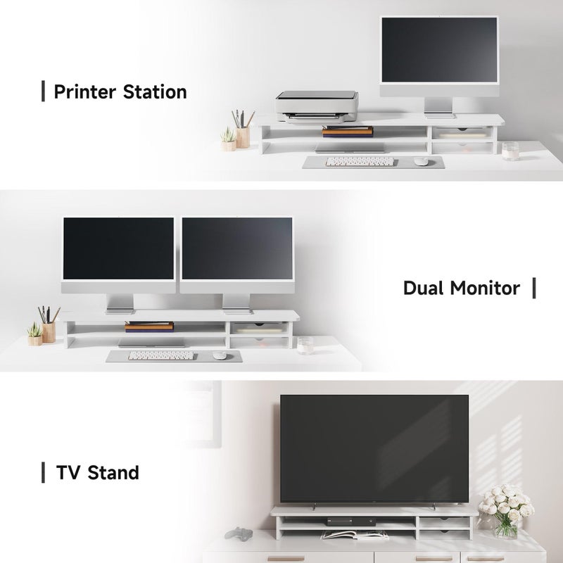 Fenge Monitor Stand, Dual Monitor Riser, 42.5inch Large Desk Computer Monitor Stand Riser with Drawer, 2 Tier Wood & Acrylic Desktop Organizer for Computer, Laptop, Printer, TV Screen Riser - Image 5