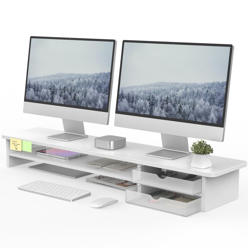 Fenge Monitor Stand, Dual Monitor Riser, 42.5inch Large Desk Computer Monitor Stand Riser with Drawer, 2 Tier Wood & Acrylic Desktop Organizer for Computer, Laptop, Printer, TV Screen Riser - Image 1