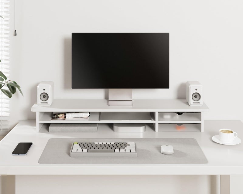 Fenge Monitor Stand, Dual Monitor Riser, 42.5inch Large Desk Computer Monitor Stand Riser with Drawer, 2 Tier Wood & Acrylic Desktop Organizer for Computer, Laptop, Printer, TV Screen Riser - Image 3