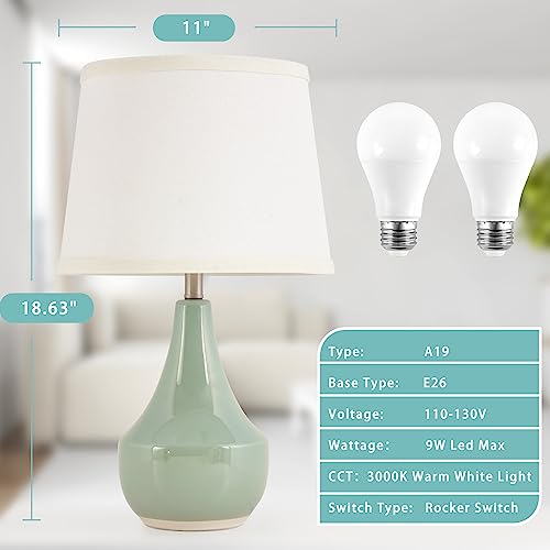 GyroVu Table Lamp Set of 2, 18.63” Ceramic Table Lamp Classic Beside Lamps Nightstand Lamp Modern Lamp for Living Room, Bedroom & Office Rocker Swtich Sage Green-LED Bulbs Included - Image 2