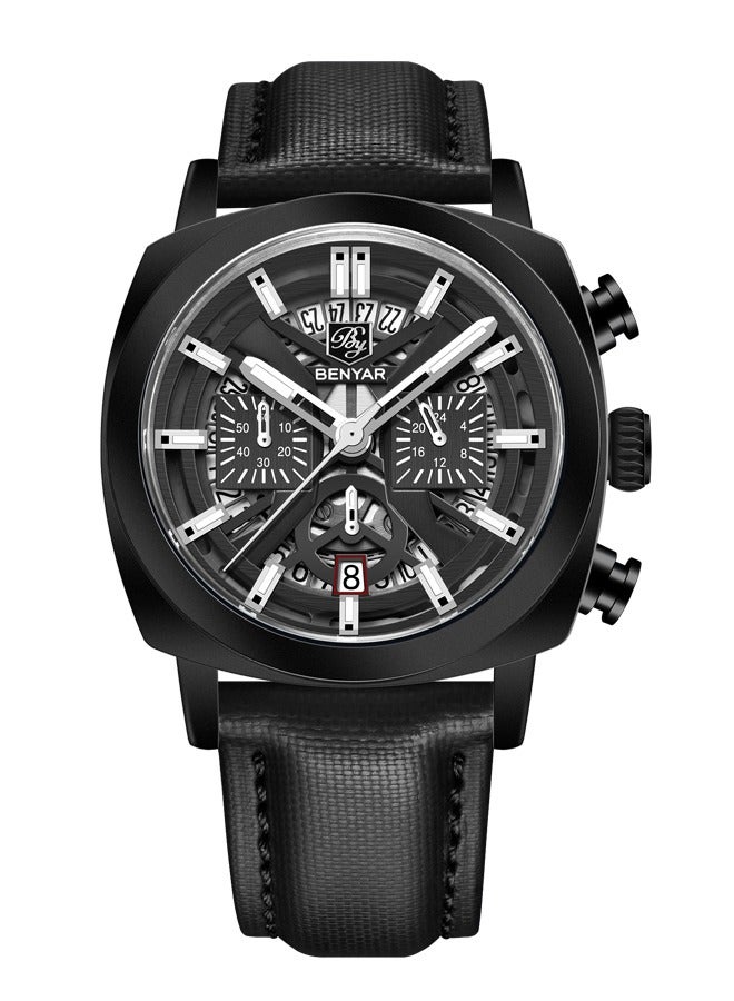 بينيار ساعات رجالية مع جلد طبيعي مربط الساعة الهيكل العظمي حركة الكوارتز فتحة ماء ساعة معصم للرجال مؤشرات لوم ، أسود كامل - Image 1
