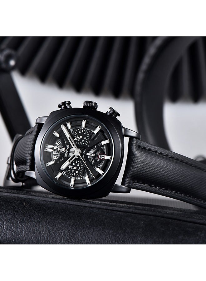 بينيار ساعات رجالية مع جلد طبيعي مربط الساعة الهيكل العظمي حركة الكوارتز فتحة ماء ساعة معصم للرجال مؤشرات لوم ، أسود كامل - Image 2
