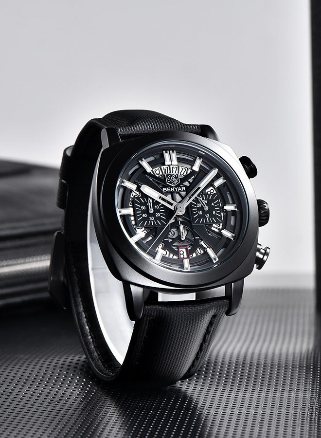 بينيار ساعات رجالية مع جلد طبيعي مربط الساعة الهيكل العظمي حركة الكوارتز فتحة ماء ساعة معصم للرجال مؤشرات لوم ، أسود كامل - Image 3